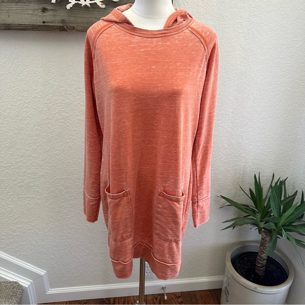 Evy’s Tree Brooke orange burnout tunic dress long sleeve hood pockets size L